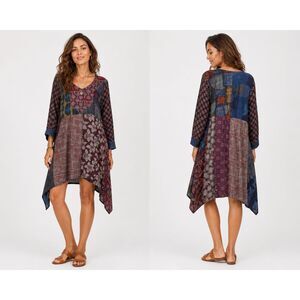 NWT Sacred Threads S/M 6 8 10 Boho Patchwork Boho Goddess Asymmetrical Hem Dress